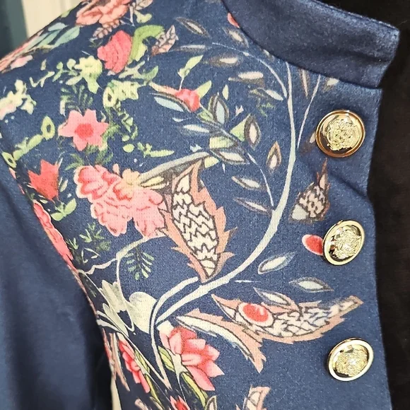 NWT Sinhoon Navy Double Breasted Gold Tone Button Tailored Floral Blazer XL - Picture 10 of 12